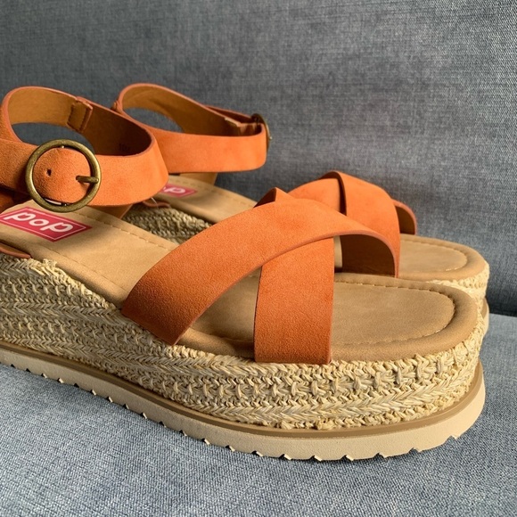 Pop Womens Brown Adjustable Ankle Strap Wedge Espadrille Open Toe Heel Sandals - Picture 3 of 11